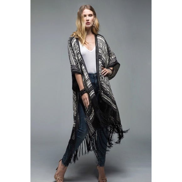 SOLD OUT Black Ethnic Print Tassel Fringe Kimono Coverup Wrap - Picture 2 of 7